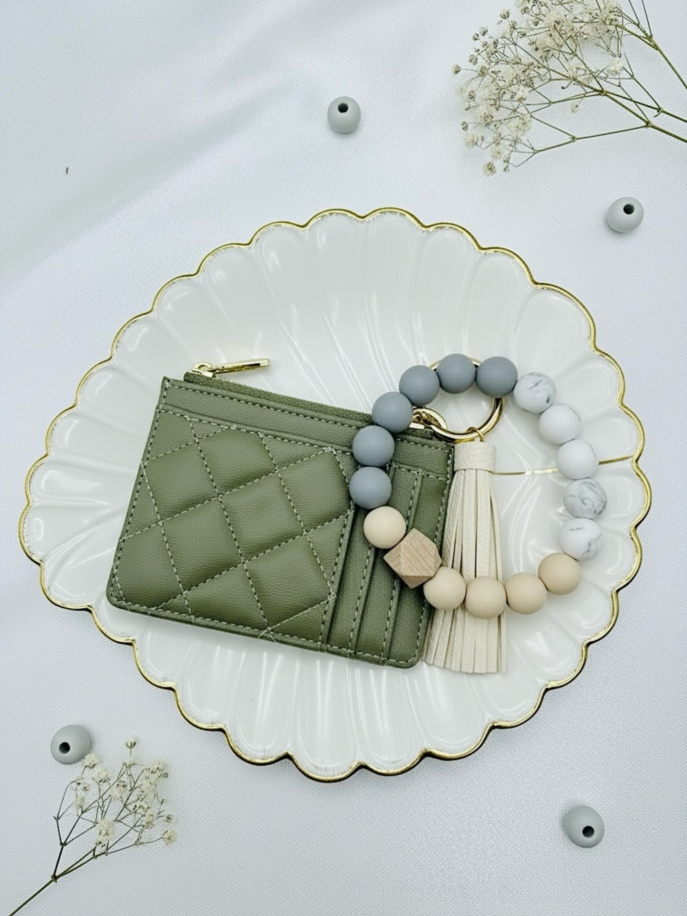 Sage Green Quilted Card Holder Wallet Wristlet Keychain Tassel